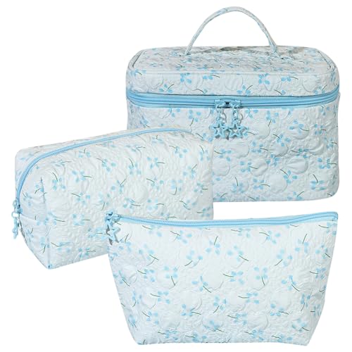 JUCHRZEY 3 teiliges ReiseKosmetiktaschen Set mit Blumenmuster Kulturbeutel niedliche Make up Tasche aus Baumwolle Gesteppte Make up Tasche Reise Make up Organizer for Frauen und Mädchen von JUCHRZEY