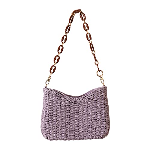 JUCHRZEY Damen-Handtasche mit Kette, lässig, Stroh, einfarbig, gewebt, Damen-Clutch (lila) von JUCHRZEY