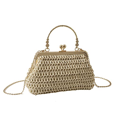 JUCHRZEY Damen Stroh Clutch Tasche, Sommer Boho Kette Stroh Tasche, Elegante Stroh Handgeldbörse Boho Gehäkelte Tasche Straw Bag mit Ketten von JUCHRZEY