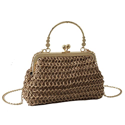 JUCHRZEY Damen Stroh Clutch Tasche, Sommer Boho Kette Stroh Tasche, Elegante Stroh Handgeldbörse Boho Gehäkelte Tasche Straw Bag mit Ketten von JUCHRZEY