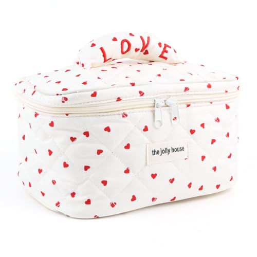 JUCHRZEY Kosmetiktasche Damen Gesteppte Make up Tasche Baumwoll Herzmuste Makeup Aufbewahrungstasche Reise Schminktasche von JUCHRZEY