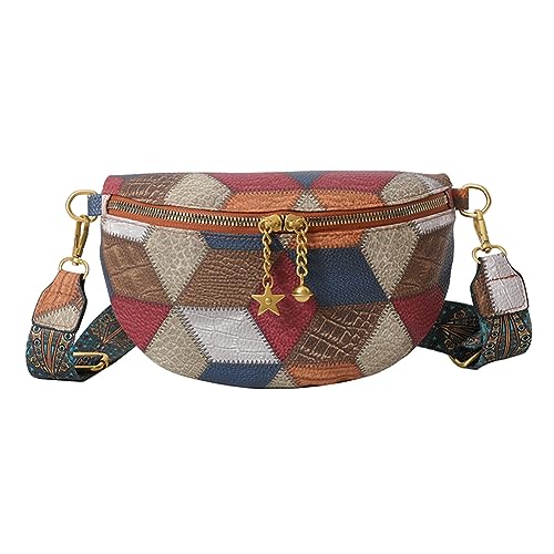 JUCHRZEY Patchwork Retro Umhängetasche Farbblock Breiten Riemen Mehrzweck Frauen Casual Taille Pack Ästhetische Weibliche Pendeln Tasche von JUCHRZEY