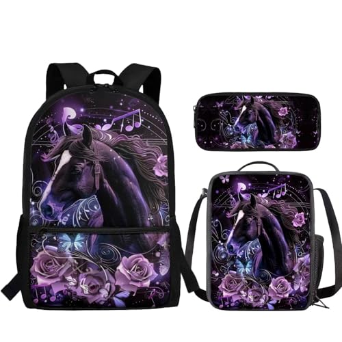 JUDENTIDOS 3-teiliges Rucksack-Set für Jungen, 43,2 cm, Schultaschen für Kinder, mit Lunchbox und Federmäppchen, Vorschul-Büchertasche für Grundschüler, Pferd Floral von JUDENTIDOS