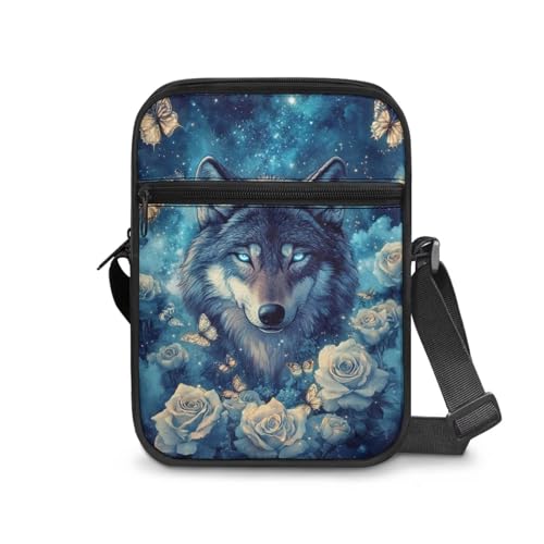 JUDENTIDOS Crossbody Bag Handytasche Kleine Messenger Bag für Schule Junge Mädchen Schulter Handtaschen, Blue Galaxy Wolf Floral, Einheitsgröße von JUDENTIDOS