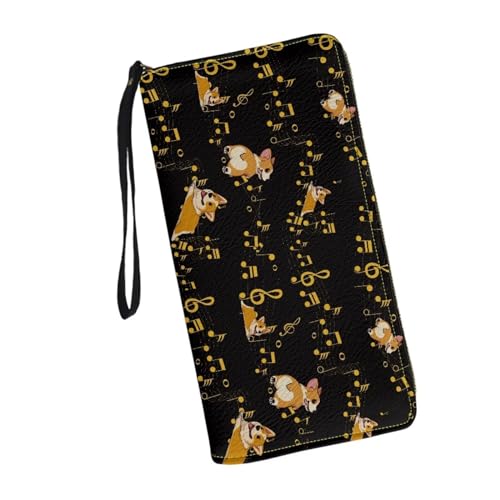 JUDENTIDOS Damen-Clutch-Geldbörse mit Reißverschluss und Münzfach, Kreditkartenfach, lang, PU-Leder, Geldbeutel mit Handgelenk, Musiknoten Corgis, Einheitsgröße von JUDENTIDOS