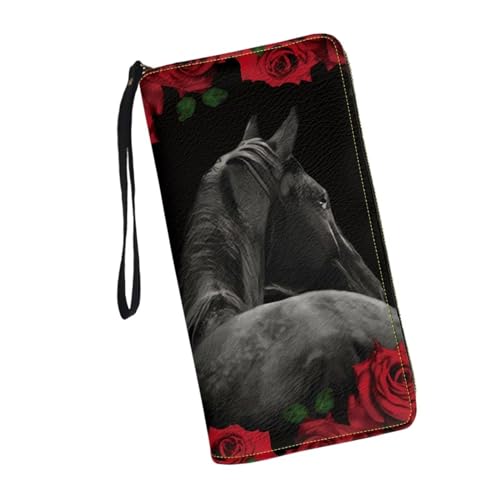 JUDENTIDOS Damen-Clutch-Geldbörse mit Reißverschluss und Münzfach, Kreditkartenfach, lang, PU-Leder, Geldbeutel mit Handgelenk, Rotes Rosenpferd, Einheitsgröße von JUDENTIDOS