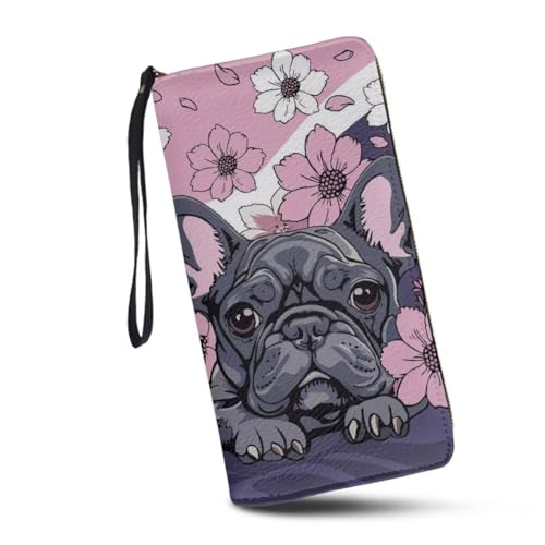 JUDENTIDOS Damen-Geldbörse, RFID-blockierend, große Kapazität, Handtasche mit Handgelenkriemen und mehreren Kartenfächern, Französische Bulldogge mit Blumenmuster, Einheitsgröße von JUDENTIDOS