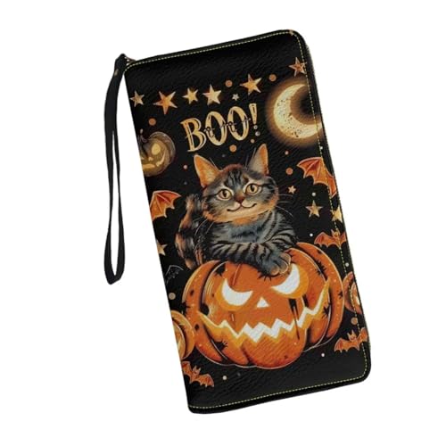 JUDENTIDOS Damen-Geldbörse, RFID-blockierend, große Kapazität, Handtasche mit Handgelenkriemen und mehreren Kartenfächern, Halloween-Kürbis schwarze Katze, Einheitsgröße von JUDENTIDOS