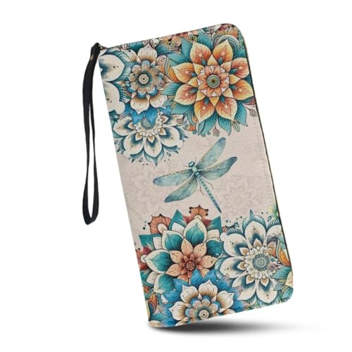JUDENTIDOS Damen-Geldbörse, RFID-blockierend, große Kapazität, Handtasche mit Handgelenkriemen und mehreren Kartenfächern, Mandala Libelle, Einheitsgröße von JUDENTIDOS