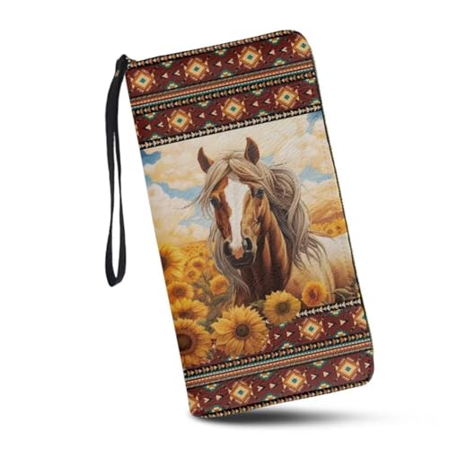 JUDENTIDOS Damen-Geldbörse, RFID-blockierend, große Kapazität, Handtasche mit Handgelenkriemen und mehreren Kartenfächern, Navajo Aztec Sonnenblumenpferd, Einheitsgröße von JUDENTIDOS