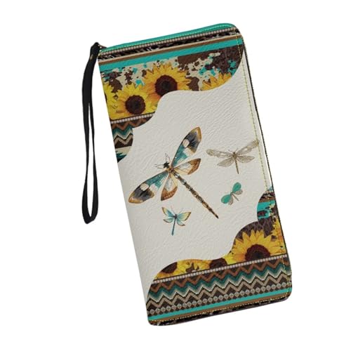 JUDENTIDOS Damen-Geldbörse, RFID-blockierend, große Kapazität, Handtasche mit Handgelenkriemen und mehreren Kartenfächern, Southwest Native Merican Sonnenblume Libelle, Einheitsgröße von JUDENTIDOS