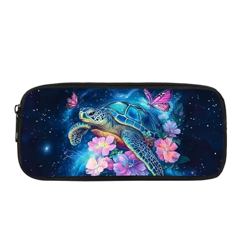 JUDENTIDOS Federmäppchen für Jungen und Mädchen, niedliches Federmäppchen mit Reißverschluss, Blaue Meeresschildkröte, Blumenmuster, Taschen-Organizer von JUDENTIDOS