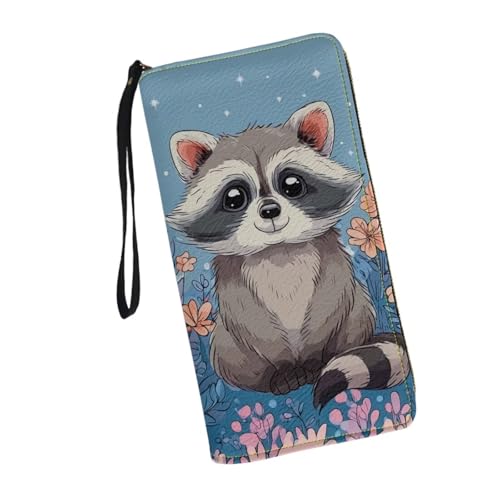 JUDENTIDOS Geldbörse mit Handgelenkschlaufe für Damen, Leder, Kartenhalter, Handy, Münze, Organizer, RFID-blockierende Clutch-Geldbörse, Lustiges Waschbär-Blumenmuster, Einheitsgröße von JUDENTIDOS