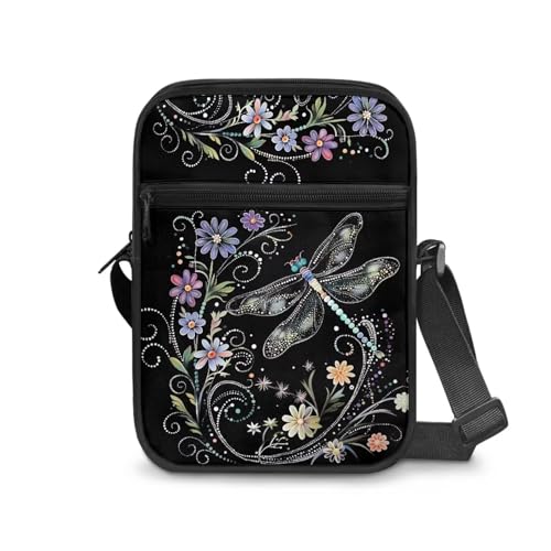 JUDENTIDOS Herren Messenger Bag Crossbody Schultertaschen Reisetasche Damen Geldbörse Casual Sling Pack für Arbeit Geschäft, Libellen-Blumenmuster, Einheitsgröße von JUDENTIDOS