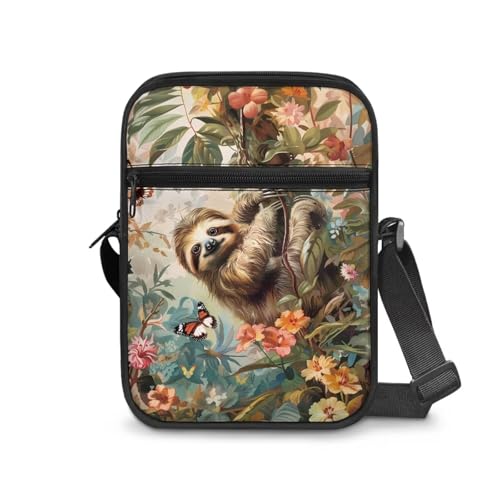 JUDENTIDOS Herren Messenger Bag Crossbody Schultertaschen Reisetasche Damen Geldbörse Casual Sling Pack für Arbeit Geschäft, Lustiges Faultier-Blumenmuster, Einheitsgröße von JUDENTIDOS