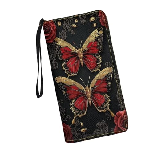 JUDENTIDOS Individuelle Handgelenk-Geldbörsen für Damen, Leder, Clutch, langer Reißverschluss, RFID-Kreditkartenhalter, Roter Schmetterling mit Blumenmuster, Einheitsgröße JUDENTIDOS Individuelle Handgelenk-Geldbörsen für Damen, Leder, Clutch, langer Reißverschluss, RFID-Kreditkartenhalter, Roter Schmetterling mit Blumenmuster, Einheitsgröße von JUDENTIDOS