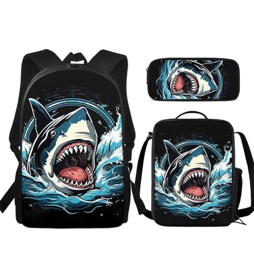 JUDENTIDOS Jungen-Rucksack-Set mit Lunchbox und Federmäppchen, 3-teilig, niedlicher ästhetischer Rucksack, Teenager, Büchertasche für Mittelschule, Lustiger Hai von JUDENTIDOS