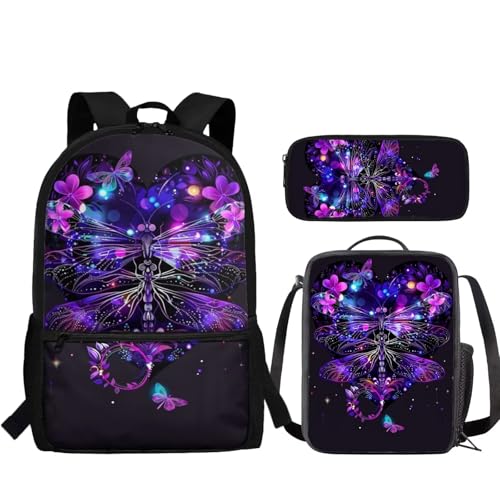 JUDENTIDOS Rucksack Schultasche für Jungen Mädchen Kinder Grundschule Mittelschule Tasche Büchertasche mit Lunchtasche Federmäppchen Set, Herz-Libelle von JUDENTIDOS