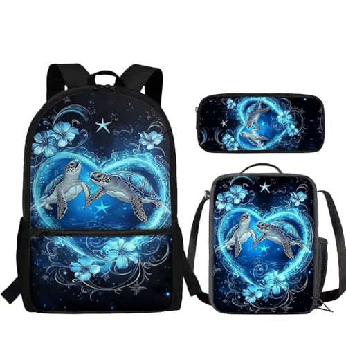 JUDENTIDOS Schulrucksack-Set für Jungen und Mädchen, 3-in-1, Schultasche, Büchertasche mit Lunchtasche, Federmäppchen, Blaues Herz Meeresschildkröte Floral von JUDENTIDOS