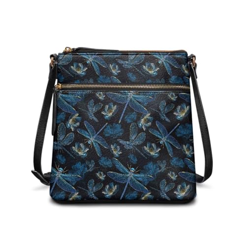 JUDENTIDOS Süße Umhängetasche für Damen, Leder, Hobo-Handtasche, Schultertasche mit verstellbarem Riemen, Blaue Libelle mit Blumenmuster, Einheitsgröße von JUDENTIDOS