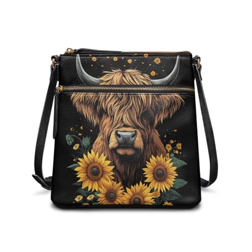 JUDENTIDOS Umhängetasche für Damen, Leder, Umhängetasche, Hobo-Handtasche, Geldbörse, Sunflower Highland Cow, Einheitsgröße JUDENTIDOS Umhängetasche für Damen, Leder, Umhängetasche, Hobo-Handtasche, Geldbörse, Sunflower Highland Cow, Einheitsgröße von JUDENTIDOS