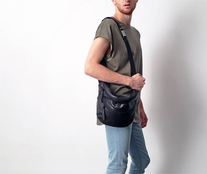 3In1 Schwarze Leder Umhängetasche Damen Hobo Bag Sling Slouchy Gürteltasche Große Bauchtasche von JUDtlv