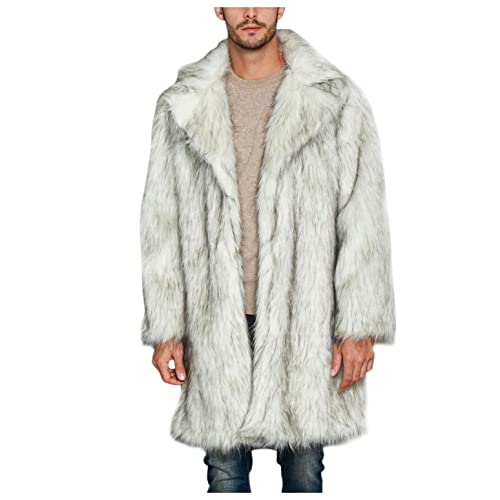 Herren Kunstfell Revers Mantel Lang Luxus Einreihiger Mantel Dicker Warm Einfarbig Winter Parka Outwear Cardigan, Weiß, XXL von JUEFENG