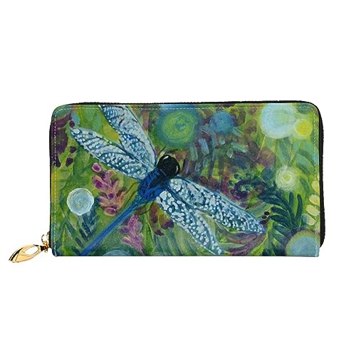 Handbemalte Libellen-Geldbörse aus Leder, großes Fassungsvermögen, Kartenhalter, Damengeldbörse mit mehreren Kartenfächern, lange Damengeldbörse mit Reißverschlussfach, 19 x 10,5 cm, weiches Leder, von JUEXDEME