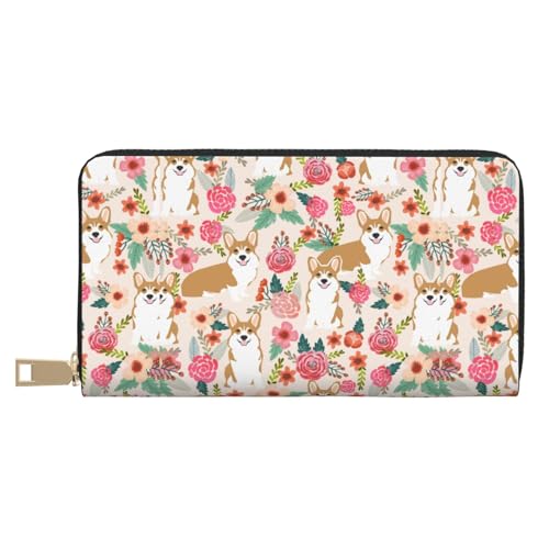 JUEXDEME Corgi Floral Flowers Long Faux Leather Clutch Chic Stylish Women's Wallets for Modern Women Large Capacity Card Holder and Organizer Pockets Durable Purse Handbag for Everyday Travel, weiß, von JUEXDEME
