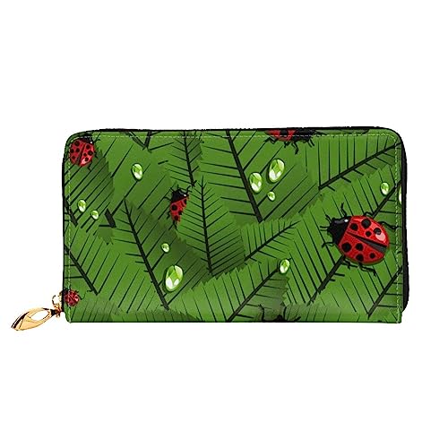 JUEXDEME Damen-Geldbörse aus Leder mit Blättern und Marienkäfern, großes Fassungsvermögen, Kartenhalter, Damengeldbörse mit mehreren Kartenfächern, lange Damengeldbörse mit Reißverschlussfach, 19 cm x von JUEXDEME