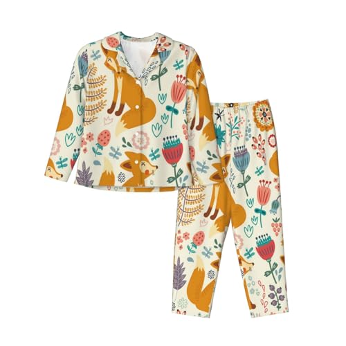 JUEXDEME Damen-Pyjama-Set mit niedlichem Blumen-Tiermuster, bedruckt, langärmelig, Knopfleiste, zweiteilig, bequem, Nachtwäsche und Loungewear, Pyjama-Set in voller Länge, Schwarz , XXL-3XL von JUEXDEME
