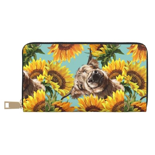 JUEXDEME Kuh mit Sonnenblumen in Blau, lange Clutch aus Kunstleder, schick, stilvolle Damengeldbörsen für moderne Frauen, großes Fassungsvermögen, Kartenhalter und Organizer-Taschen, strapazierfähige von JUEXDEME