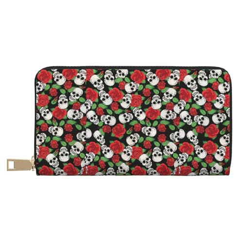JUEXDEME Totenköpfe und Rosen, lange Kunstleder-Clutch, schick, stilvolle Damengeldbörsen für moderne Frauen, großes Fassungsvermögen, Kartenhalter und Organizer-Taschen, strapazierfähige Geldbörse, von JUEXDEME