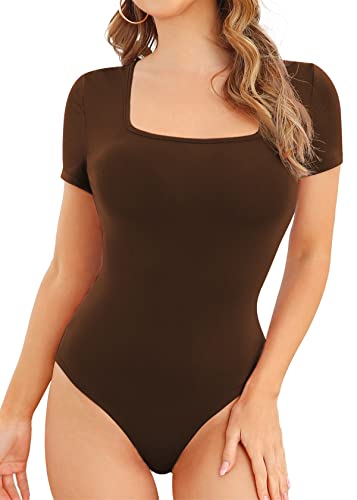 JUEYUN Damen Quadratischer Ausschnitt Kurzarm Langarm Bodysuit Slim Fit Sexy Body Suit Basic Jumpsuit Tops, Kaffee, M von JUEYUN