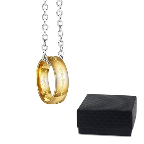 Herr der Ringe Anhänger Halskette Kette Cosplay 'The One Ring to Rule Them All'Hobbit Elf Elven Goldring Gandalf Keltisches Amulett Juguta-Kette 60cm von JUGUTA