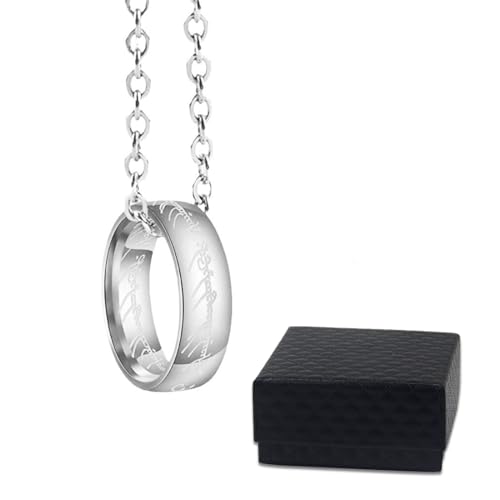 Herr der Ringe Anhänger Halskette Kette Cosplay 'The One Ring to Rule Them All' Hobbit Elf Elven Silberring Gandalf Keltisches Amulett Juguta-Kette 60cm von JUGUTA