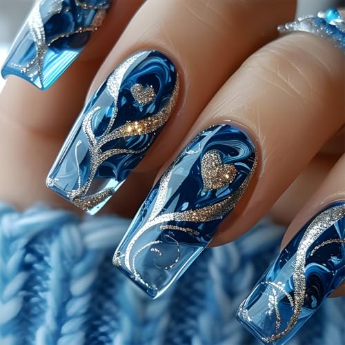 JUGUTA 24Pcs Press On Nails – Blau-Gold Gradient, Glänzende Falsche Nägel Mit Gelbem Muster, Mittlere Quadratform, Ideal Für Frauen Und Mädchen von JUGUTA