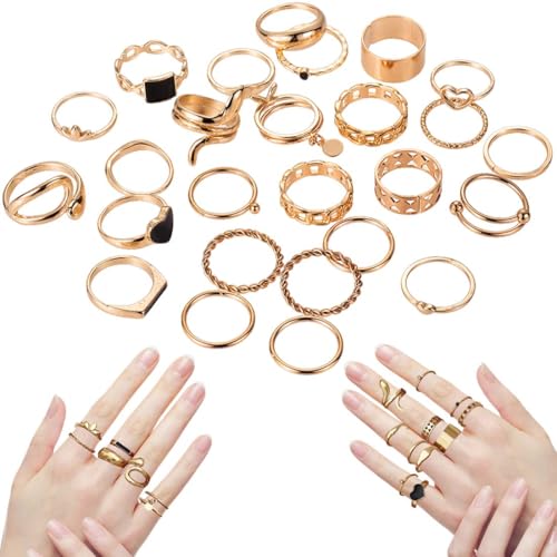 JUGUTA 27 Stück Ringe Gold Set Für Damen Knöchel Ringe Stapelbare Offene Daumen Ringe Für Frauen Trendy Stapel Ringe Set Minimalistischer Fingerringe Set von JUGUTA