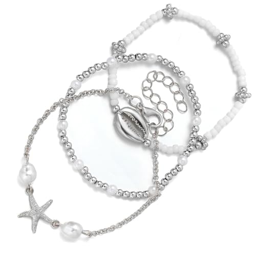 JUGUTA 3 Stück Sommer Beach Stil Metall Seestern & Muschel Perlen Für Damen, Boho-Schmuck, Wasserfest, Sommer Accessoires, Fussketten Mit Seestern Und Muscheln(Silber) von JUGUTA