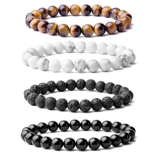 JUGUTA 4Er-Set Perlenarmband Herren, Stretch-Armbänder Herren, 8 Mm Perlenarmbänder Set, Verstellbares Schwarzes Kristall-Perlenarmband Perlen Armband Herren von JUGUTA