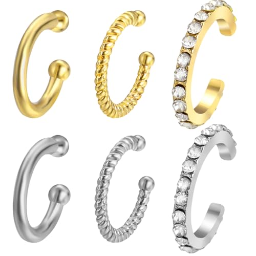 JUGUTA 6 Stück Ear Cuff Für Damen Ohrmanschette Ohrringe Fake Ohrringe Fake Helix, Hypoallergen Klein Creolen Schlafen Goldene Ohrringe, 14K Gold Earcuffs Knorpel Ohrringe Ohrklemme von JUGUTA