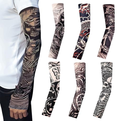JUGUTA 6 Stück Tattoo Ärmel Set Gefälschte Sonnencreme Armlinge,Tattoo Ärmel Tattoo Armstrumpf Für Männer Frauen Nylon Temporäre Tätowierung Tattoo Strumpf Arm Für Radfahren von JUGUTA