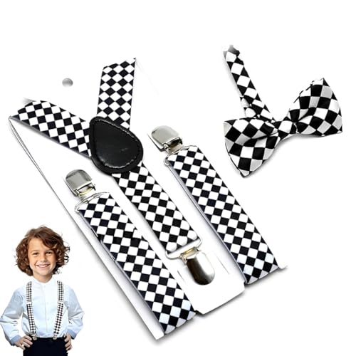 JUGUTA Hosenträger Kinder Fliege Kinder Sets, Y-Form Einstellbar Hosenträger, Verstellbare Fliege Und Hosenträger Im Set Für Jungen Und Mädchen, Fliege Set Für Körpergröße 85-135 Cm 1-10 Jahre von JUGUTA