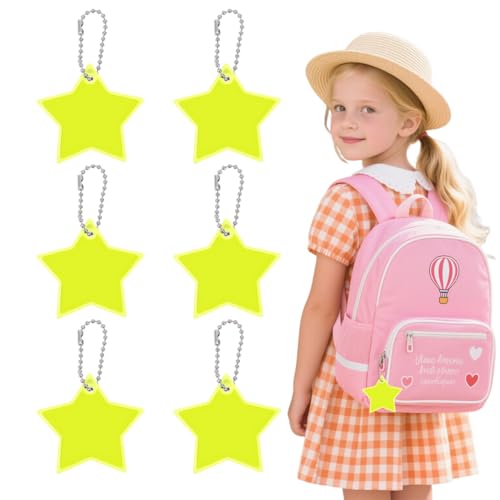 JUGUTA Sicherheits Reflektor Anhänger, 6 Stück Stern Reflektoren Kinder Anhänger Für Rucksack Schulranzen, Reflektierende Schlüsselanhänger Für Schultasche Rucksack Radfahren Gehen Laufen von JUGUTA
