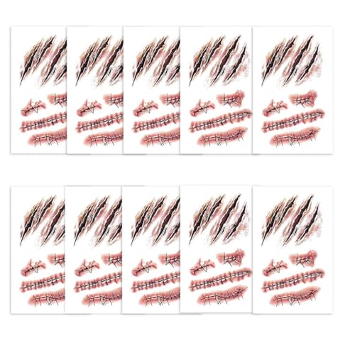 JUGUTA Temporäre Tattoos (10 Blatt) - Halloween Zombie Scars Tattoos Aufkleber Mit Gefälschten Scab Blut Spezial Fx Kostüm Makeup Stützen von JUGUTA