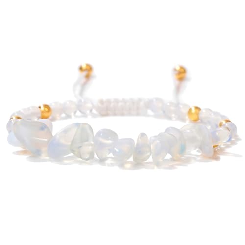 JUGUTA Weißquarz Splitterarmband Echtes Edelstein Armband Für Damen Herren, 5-8Mm Natürliche Kristall Heilstein Armband Geflochten Einstellbar Perlenarmband Glücksbringer Schmuck Geschenk von JUGUTA