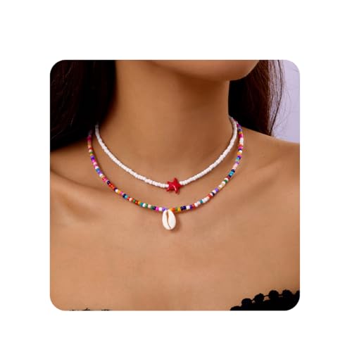Juguta Zweiteiliges Set Muschel Halskette, Bohemian Shell Anhänger Choker mit farbigen Perlen Halskette Kette, Strandresort-Stil für Frauen und Mädchen von JUGUTA