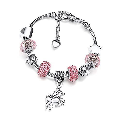 JUHONNZ Bettelarmband für Mädchen,Rosa Glitzernden Kristall Armband mit Einhorn für 6-12 Jahre Kinder Mädchen Geschenke, Rosa 16cm von JUHONNZ