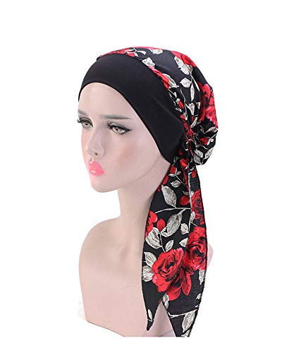 JUHONNZ Chemo Turban für Krebs,Chemo-Kappe mit Seidigen Schals Kunstseide Turban Kappe Elastische Kopfbedeckung Chemo Damen Kopfbedeckung für Krebs Frauen Chemotherapie (Red-Rose) von JUHONNZ