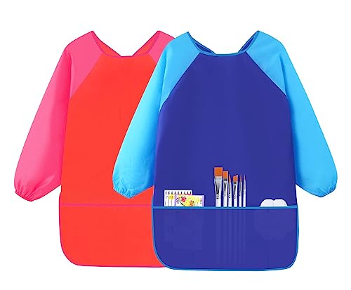 JUHONNZ Long Malschürze Kinder,2 Pack Kinderschürze Kleinkinder Künstler Schürze Lange Ärmel Kunst Gemälde Wasserdichter Kittel Schürze Smock für Kunsthandwerk 5-10 Jahre Mädchen Jungen von JUHONNZ